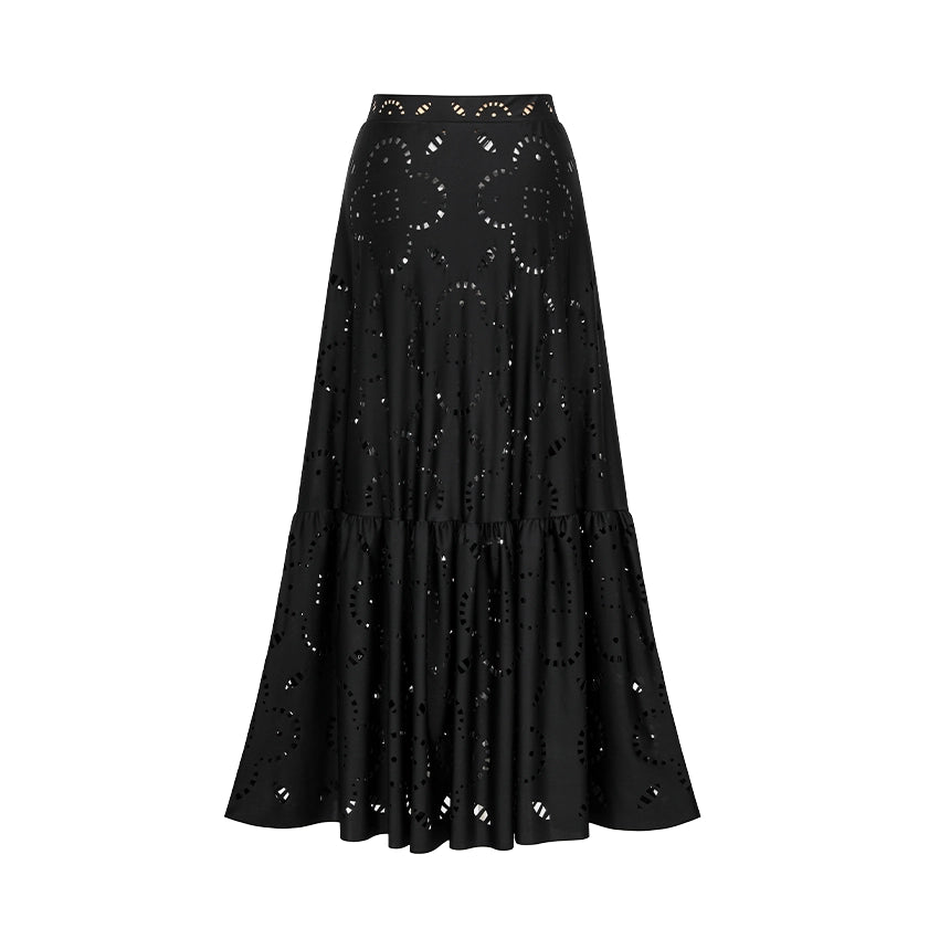 Conjunto de Bañador Negro con Volantes y Corte Láser Floral