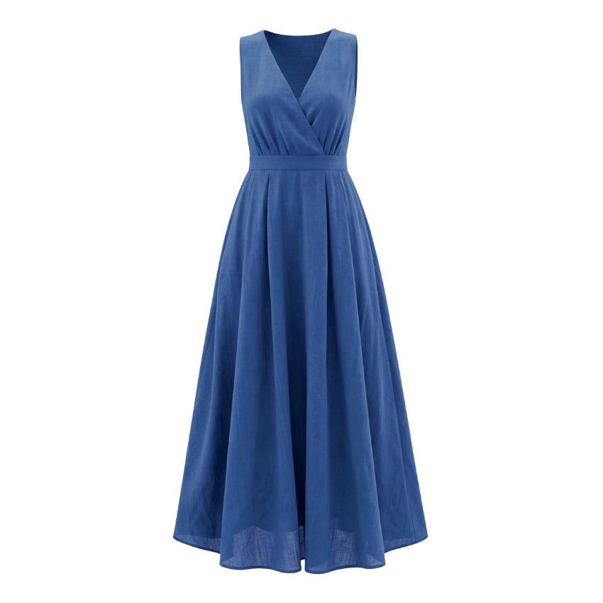 Vestido Largo Azul con Escote en V y Corte Evasé