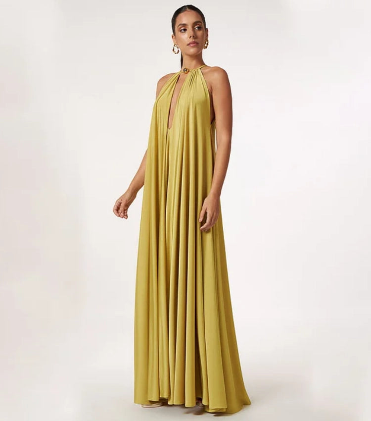 Vestido Largo en Color Liso con Cordones