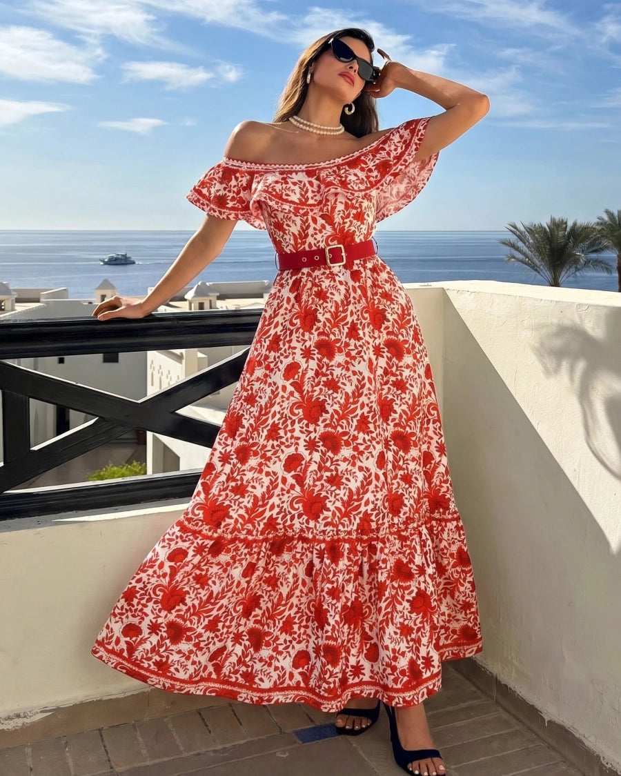 Bañador Bandeau con Volantes y Falda · Estampado Floral Rojo