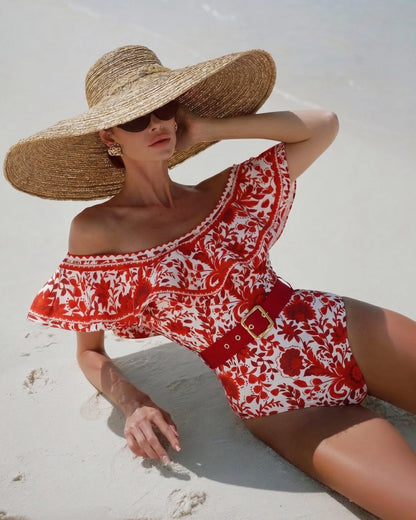 Bañador Bandeau con Volantes y Falda · Estampado Floral Rojo