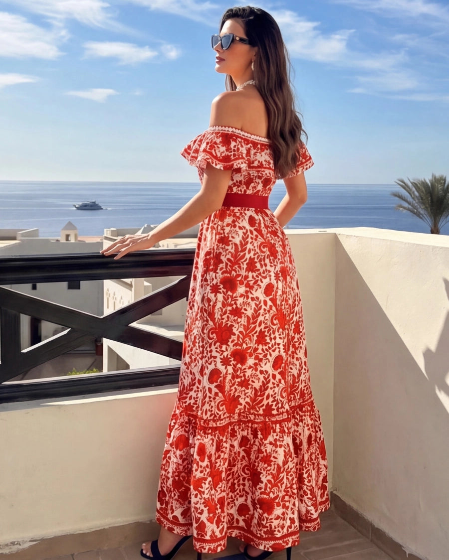 Bañador Bandeau con Volantes y Falda · Estampado Floral Rojo