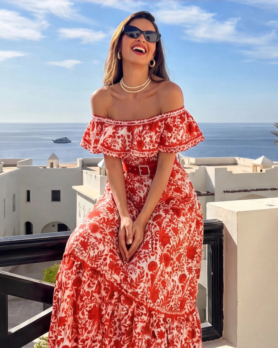 Bañador Bandeau con Volantes y Falda · Estampado Floral Rojo