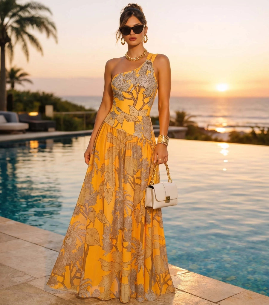 Conjunto de Bañador Amarillo Estampado con Hombro Asimétrico