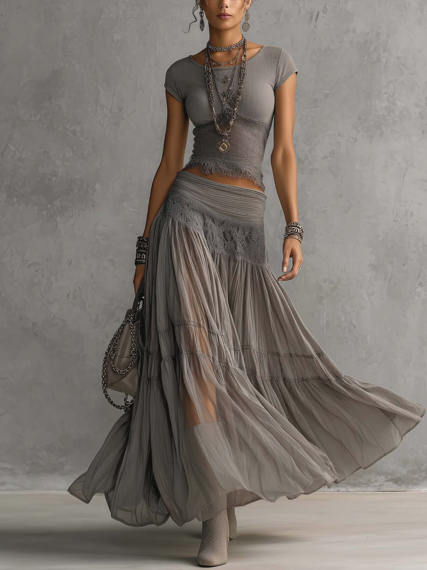 Ensemble maille et dentelle gris cendré Lissora — Esther