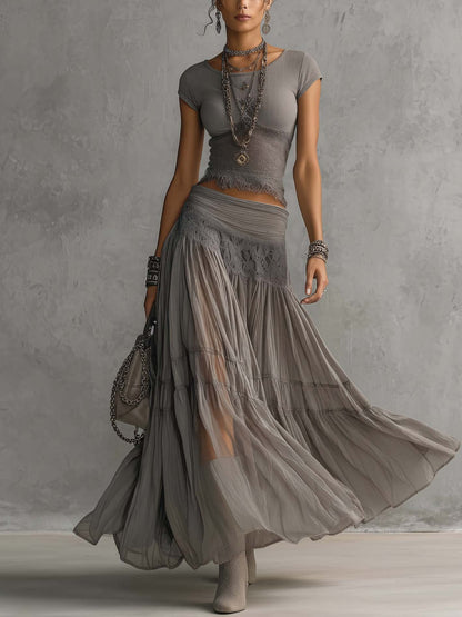 Ensemble maille et dentelle gris cendré Lissora — Esther