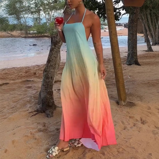 Vestido Vacacional con Espalda Descubierta y Estampado Degradado