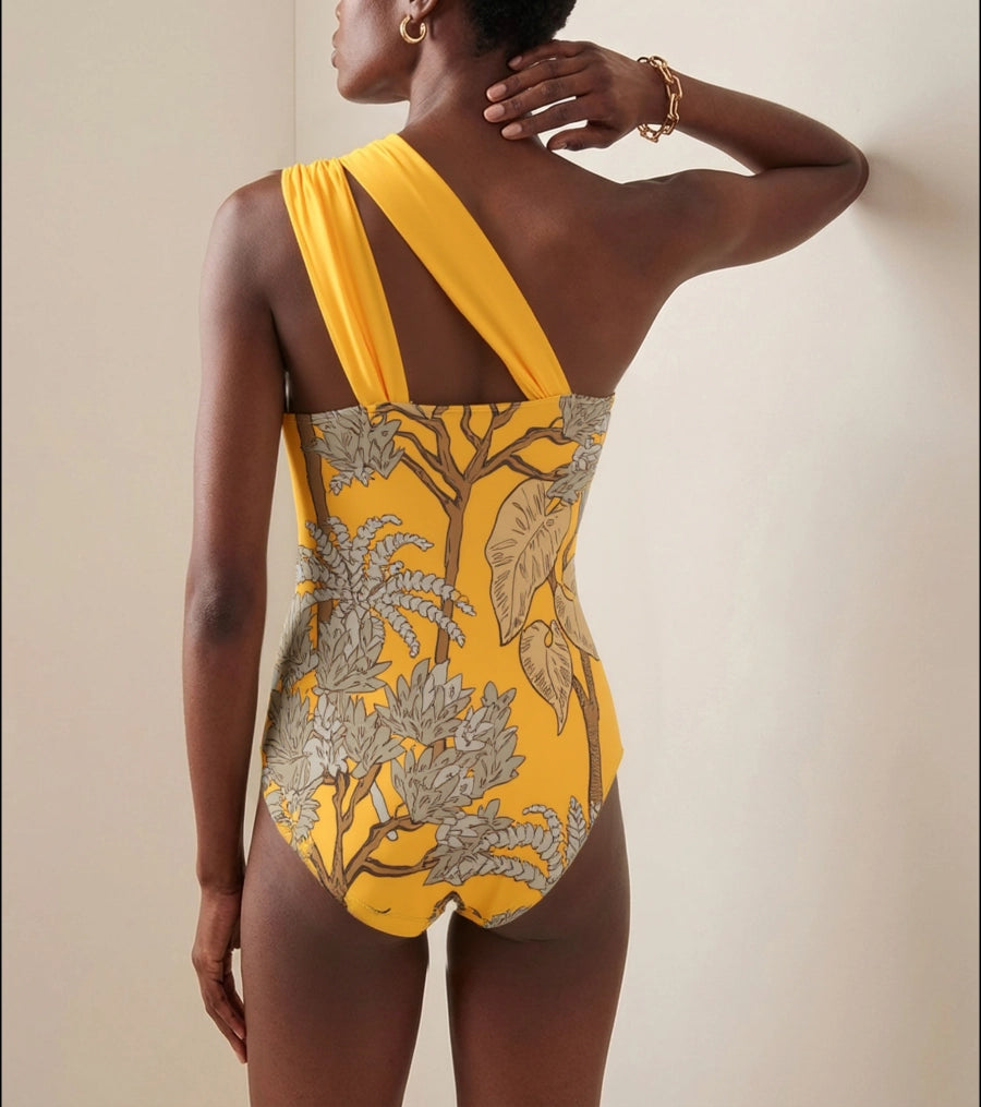 Conjunto de Bañador Amarillo Estampado con Hombro Asimétrico