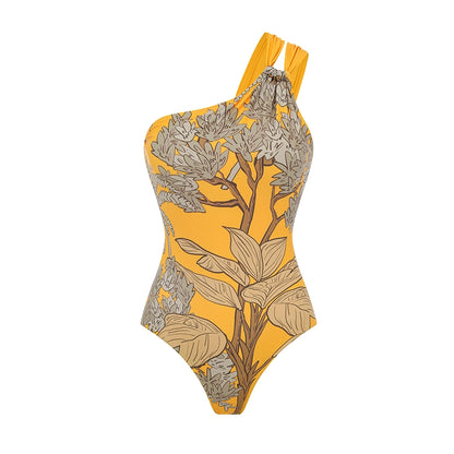 Conjunto de Bañador Amarillo Estampado con Hombro Asimétrico