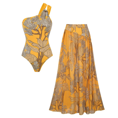 Conjunto de Bañador Amarillo Estampado con Hombro Asimétrico