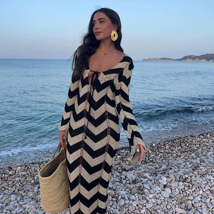 Lace Up Striped Print Dress