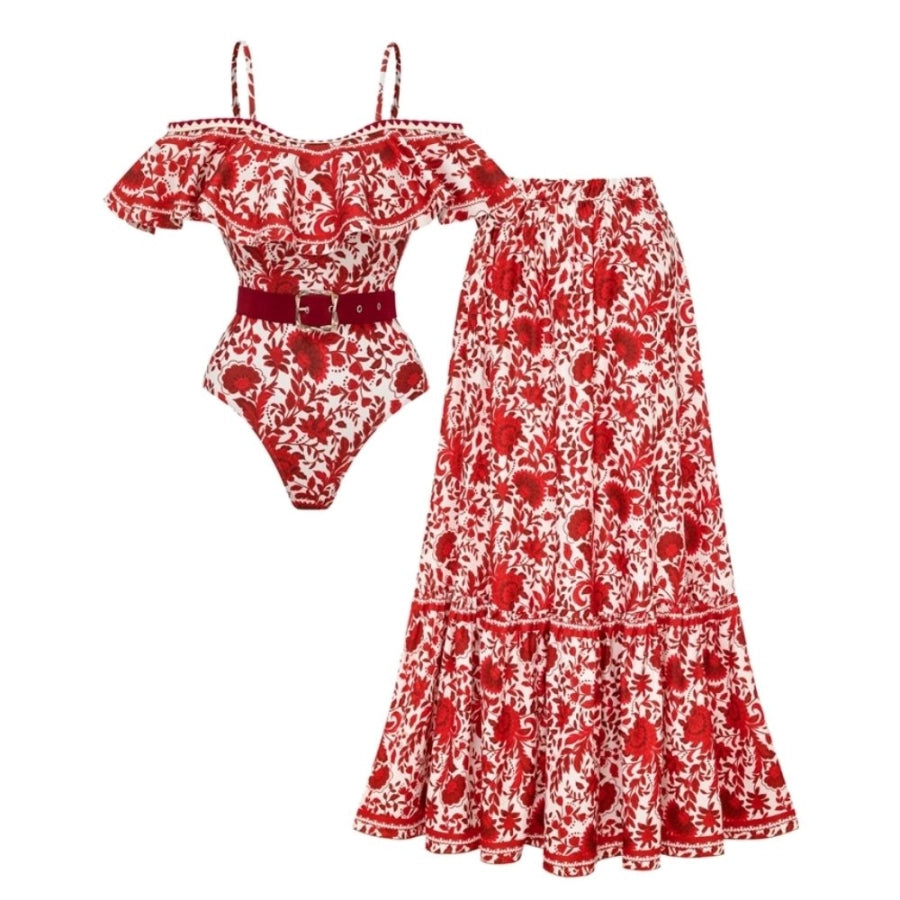 Bañador Bandeau con Volantes y Falda · Estampado Floral Rojo