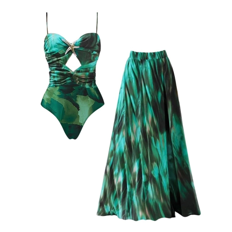 Conjunto de Bañador Verde Plisado con Falda