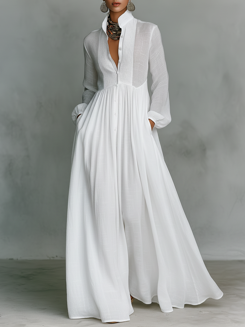Robe longue lin patchwork col montant blanche Lissora — Léonie
