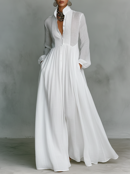 Robe longue lin patchwork col montant blanche Lissora — Léonie
