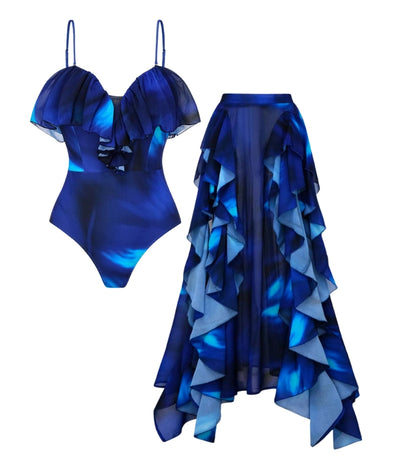 Bañador Azul con Volantes Florales y Falda