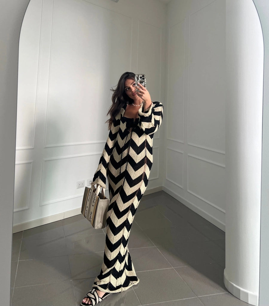 Lace Up Striped Print Dress