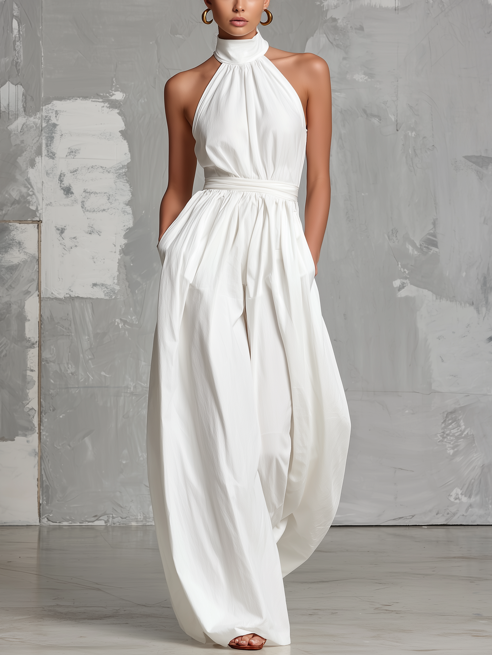 Combinaison tissée col halter blanche Lissora — Olympe