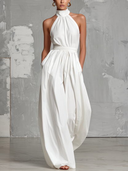 Combinaison tissée col halter blanche Lissora — Olympe