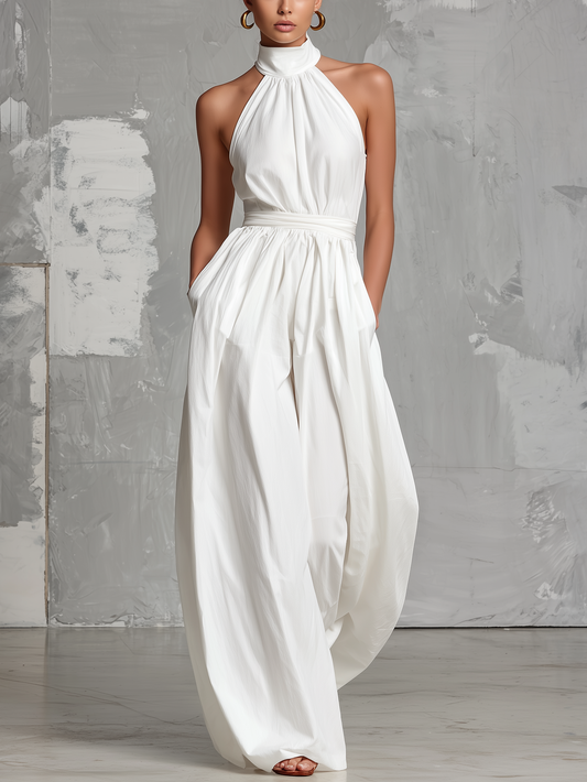 Combinaison tissée col halter blanche Lissora — Olympe
