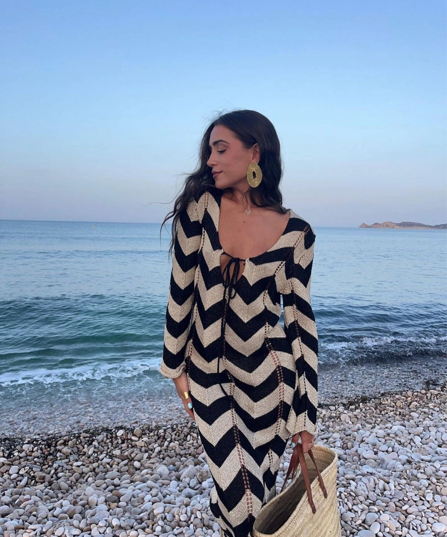 Lace Up Striped Print Dress