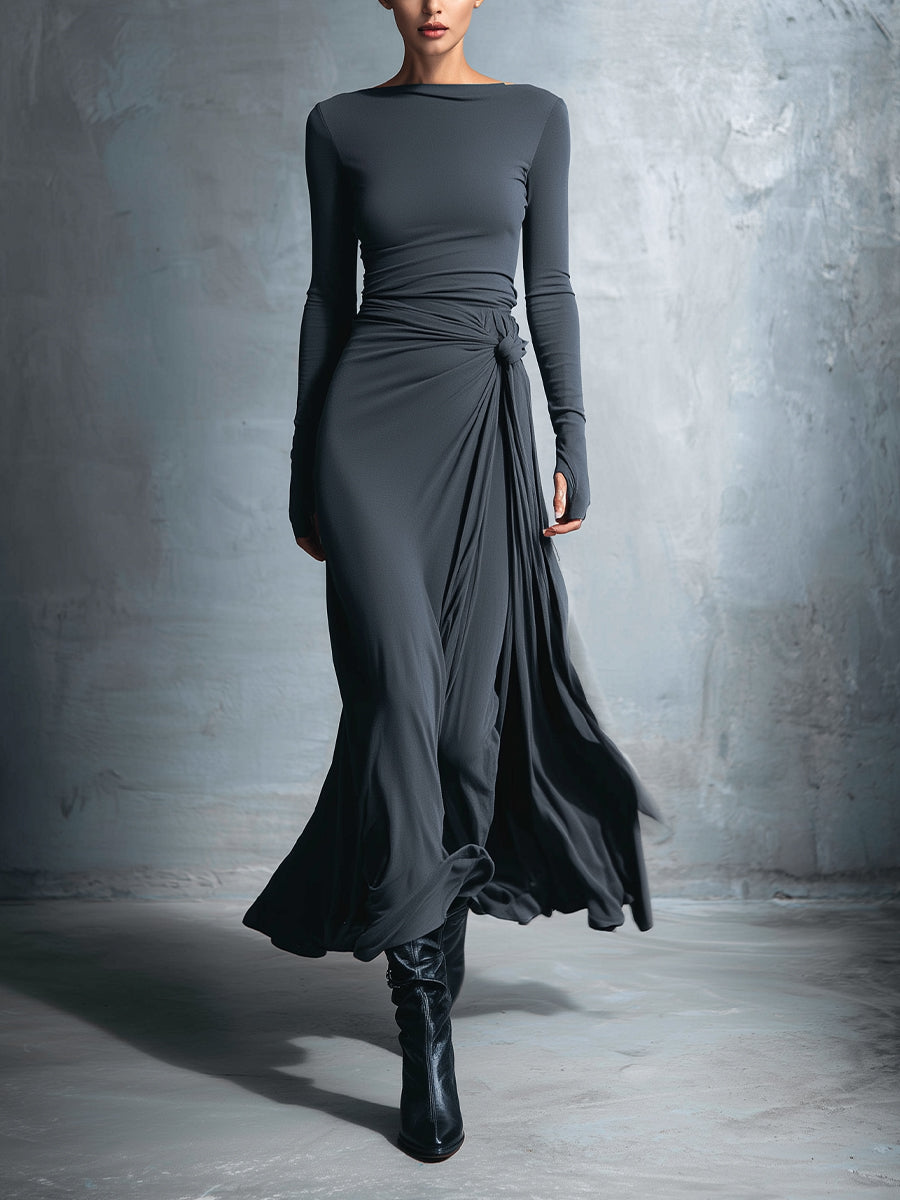 Robe longue portefeuille nœud latéral grise Lissora — Gabriella