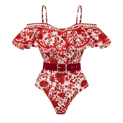 Bañador Bandeau con Volantes y Falda · Estampado Floral Rojo