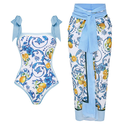 Bañador con Estampado de Limones y Pareo