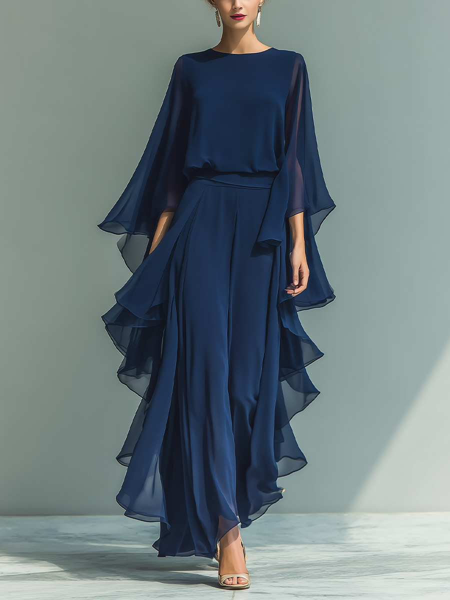Ensemble chiffon manches évasées bleu marine Lissora — Maëlys
