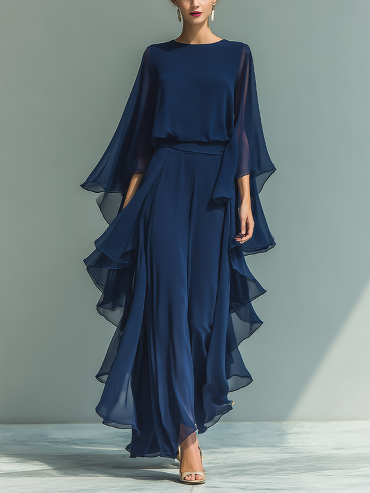 Ensemble chiffon manches évasées bleu marine Lissora — Maëlys
