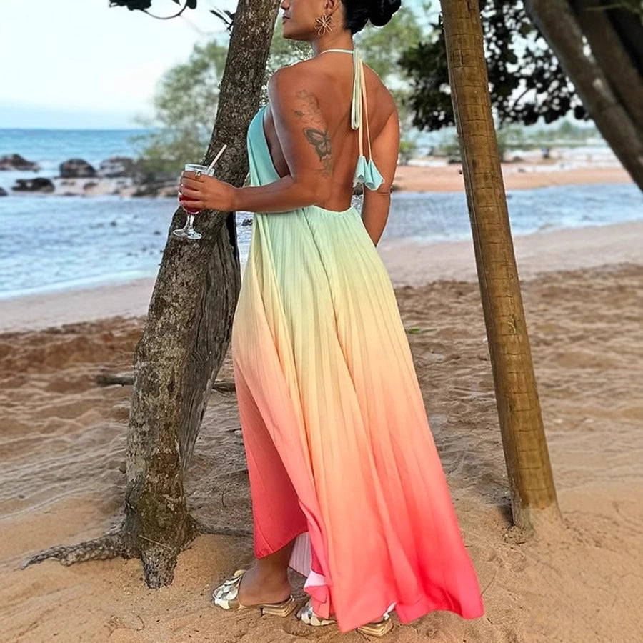 Vestido Vacacional con Espalda Descubierta y Estampado Degradado
