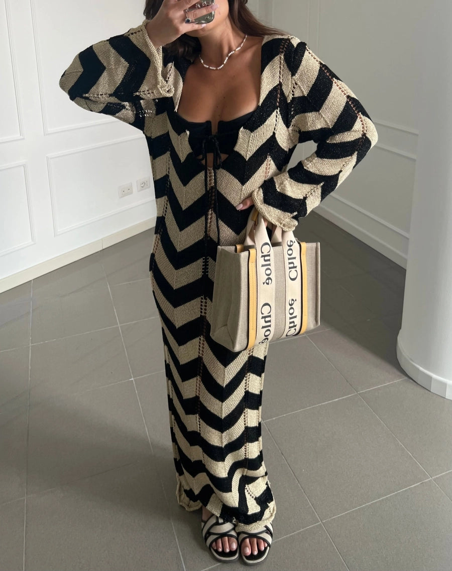 Lace Up Striped Print Dress