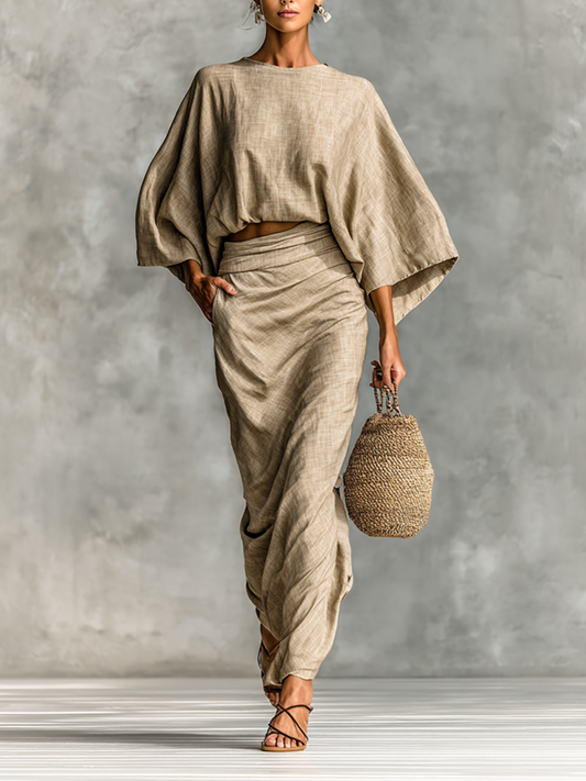 Ensemble lin jupe longue manches chauve-souris kaki Lissora — Pauline