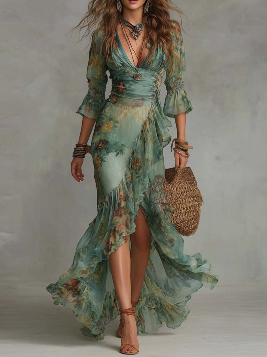 Robe longue bohème florale vert sauge Lissora — Aurora