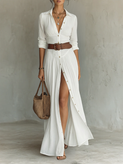 Robe longue plissée col tailleur blanche Lissora — Joséphine