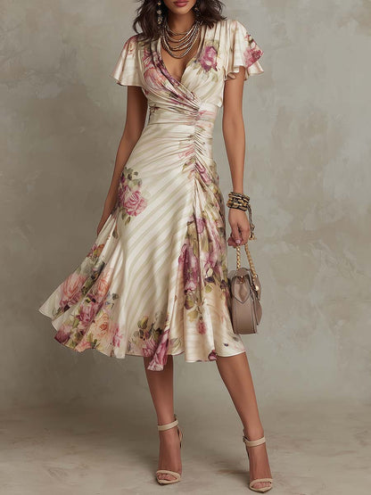 Robe midi satin fleurie rétro ivoire Lissora — Alba