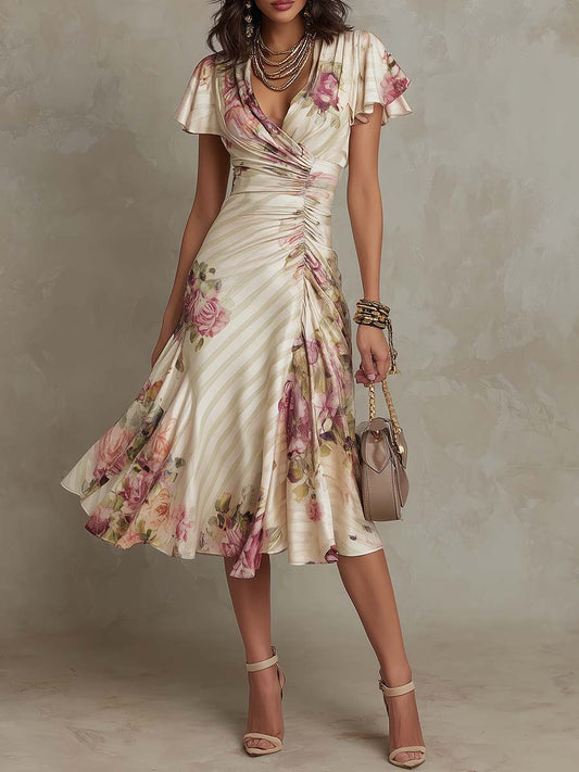 Robe midi satin fleurie rétro ivoire Lissora — Alba