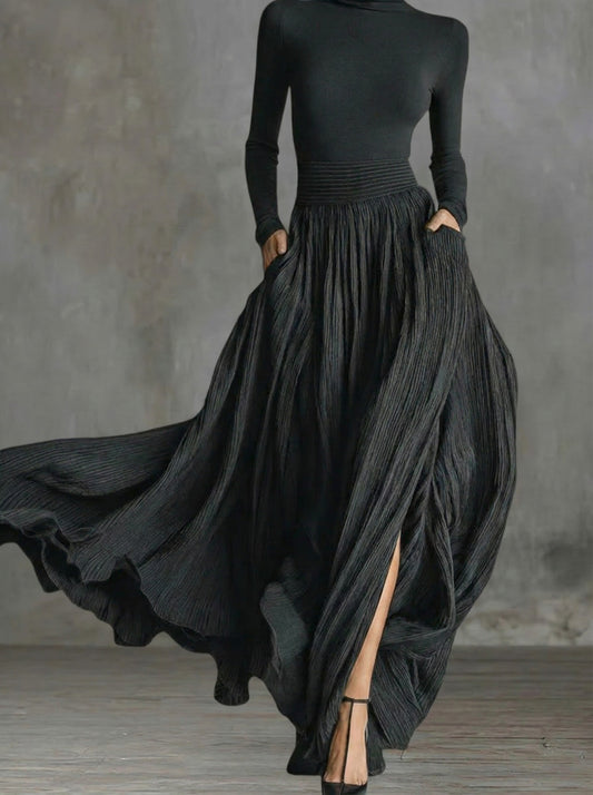 Robe longue taille haute fente latérale noire Lissora — Alessia