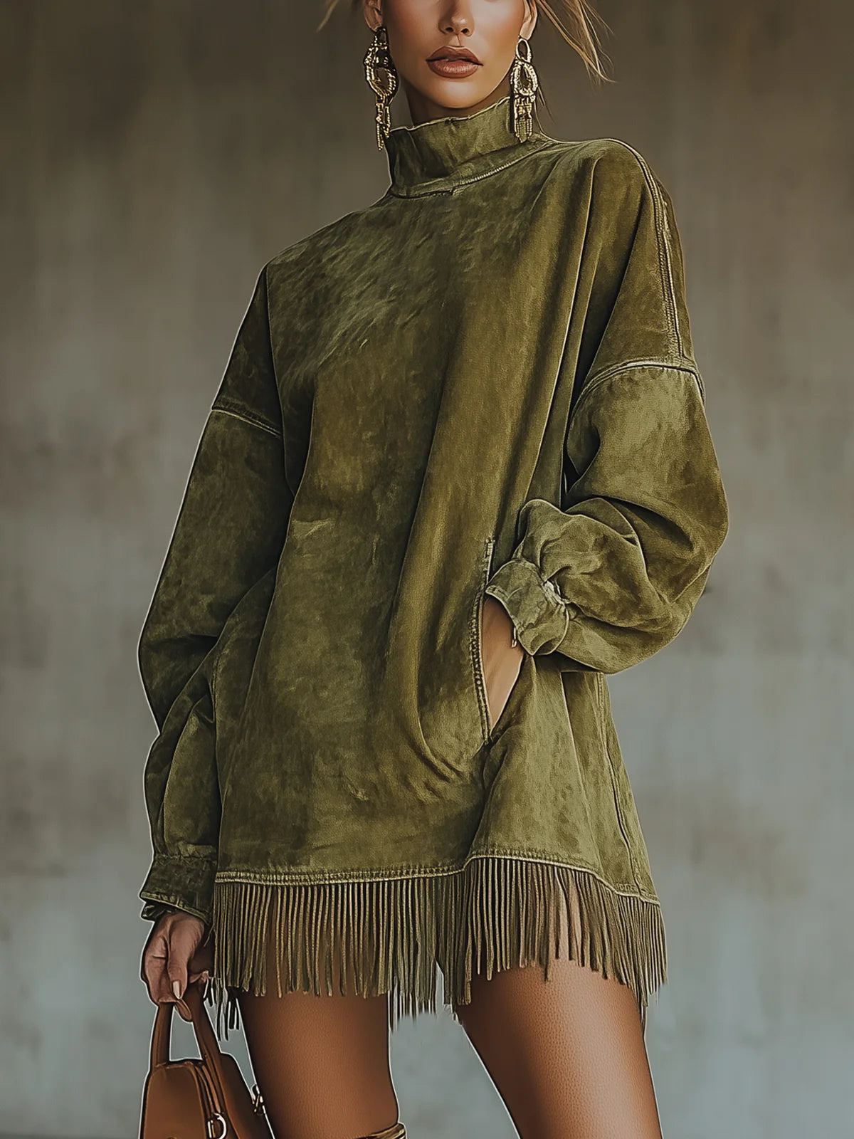 Robe col montant daim à franges verte Lissora — Amalia