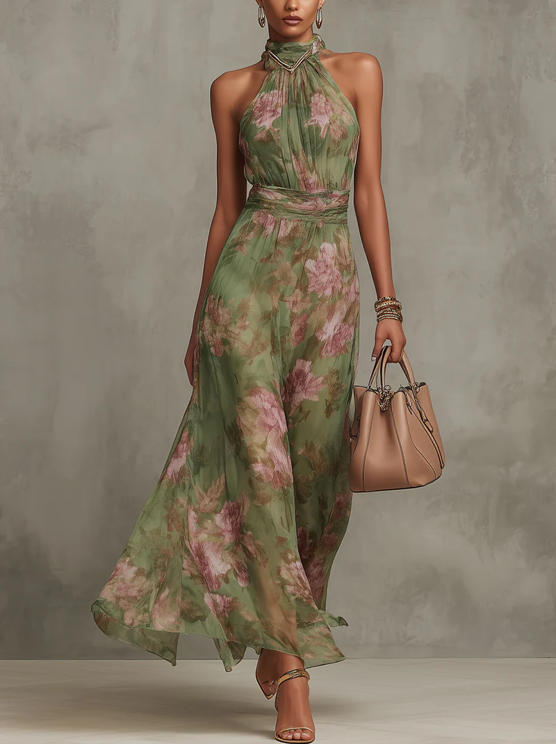 Robe longue mousseline florale col halter Lissora — Serena
