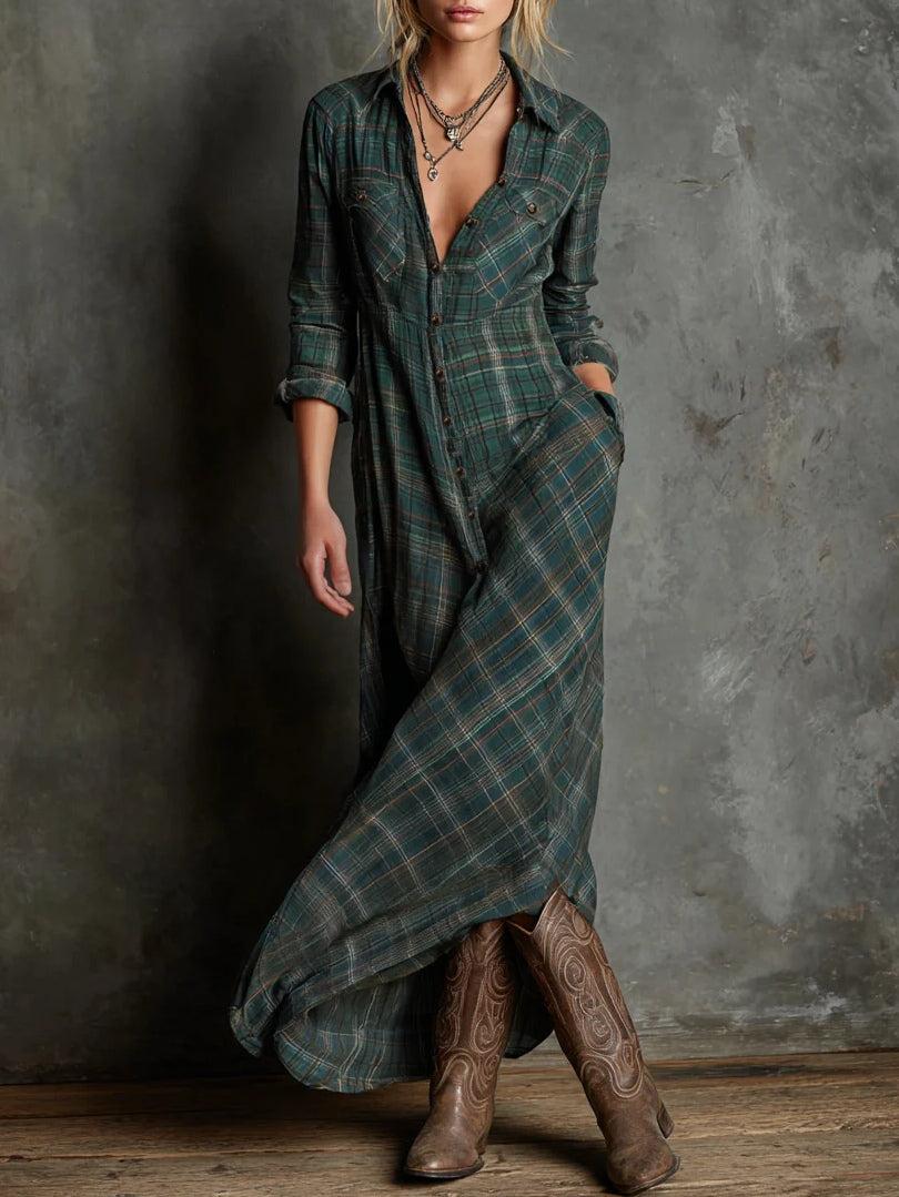 Robe longue à carreaux col cranté verte Lissora — Valentina