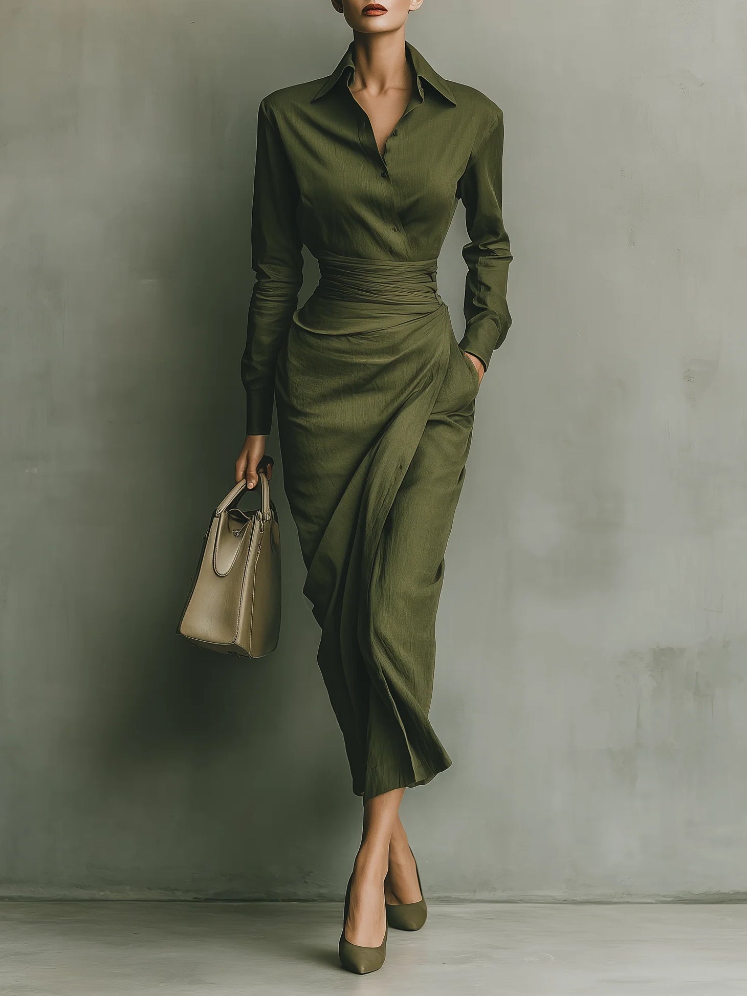 Robe longue ajustée col chemise verte Lissora — Caterina