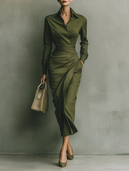 Robe longue ajustée col chemise verte Lissora — Caterina