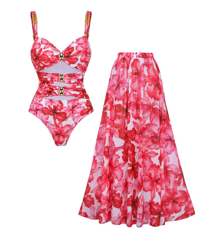 Bañador con Estampado Floral, Aberturas y Falda