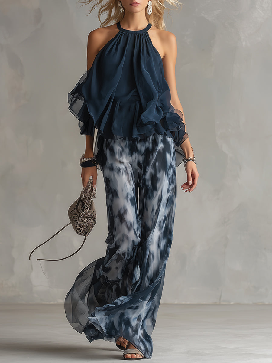 Ensemble mousseline col montant bleu marine Lissora — Ludovica