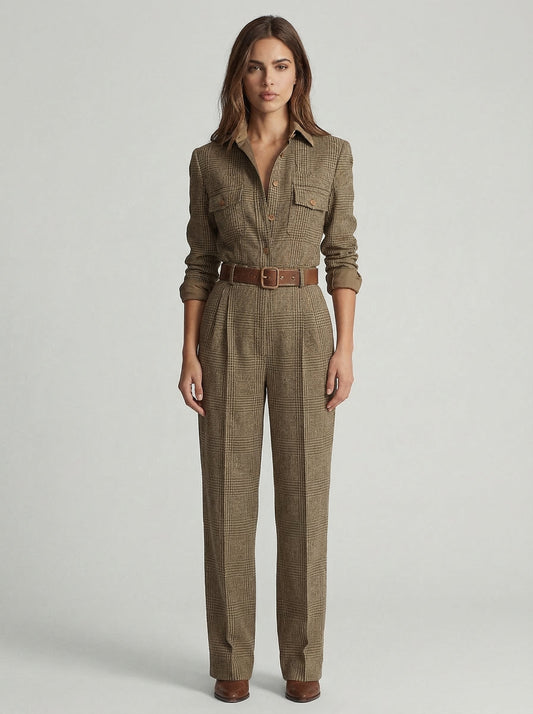 Combinaison à carreaux ceinturée marron Lissora — Celia