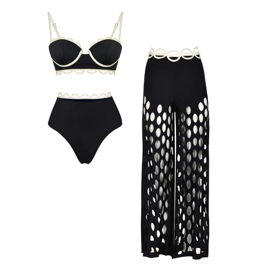 Bikini Negro de Talle Alto con Aberturas