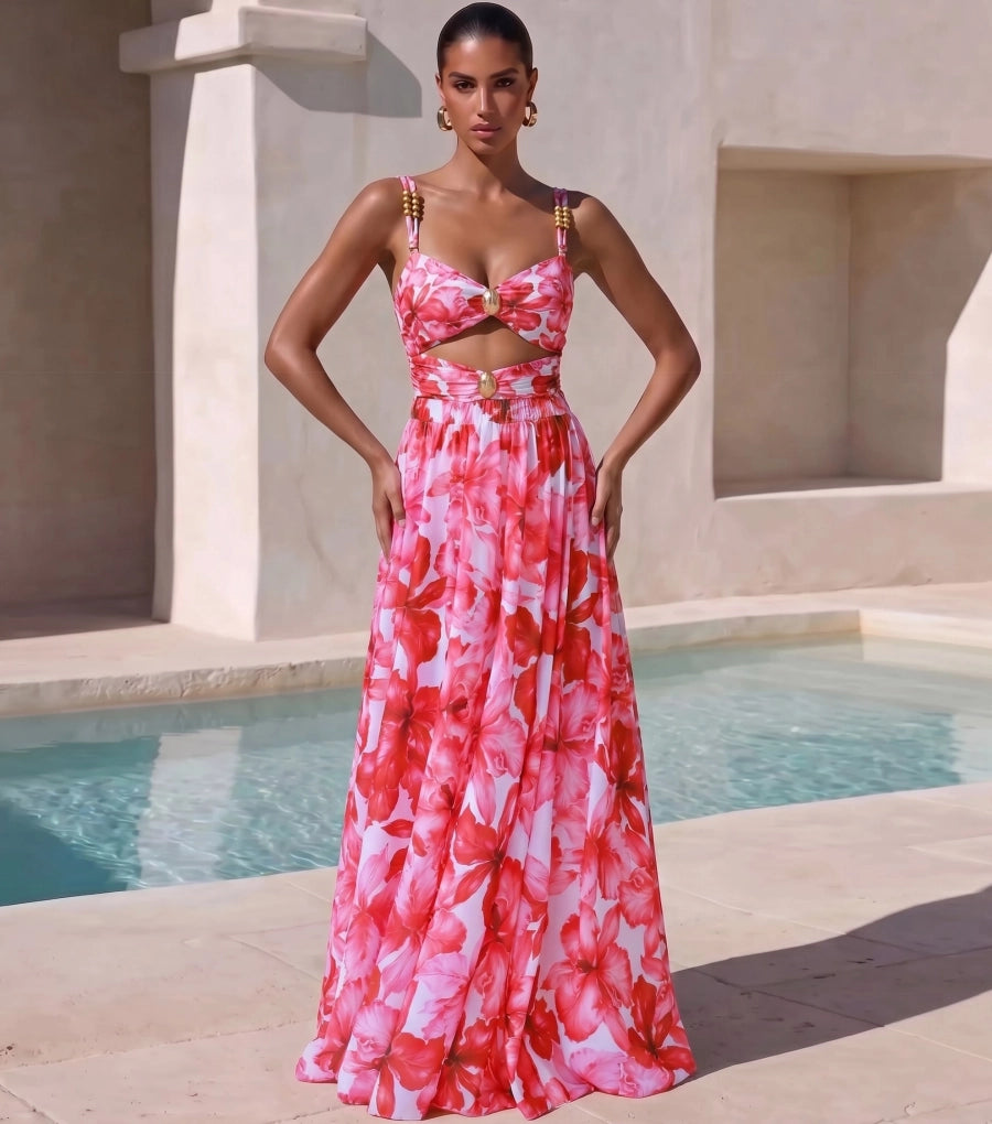 Bañador con Estampado Floral, Aberturas y Falda
