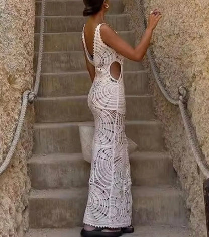 Vestido de Playa de Punto con Escote en V Calado