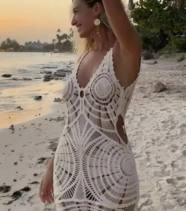 Vestido de Playa de Punto con Escote en V Calado